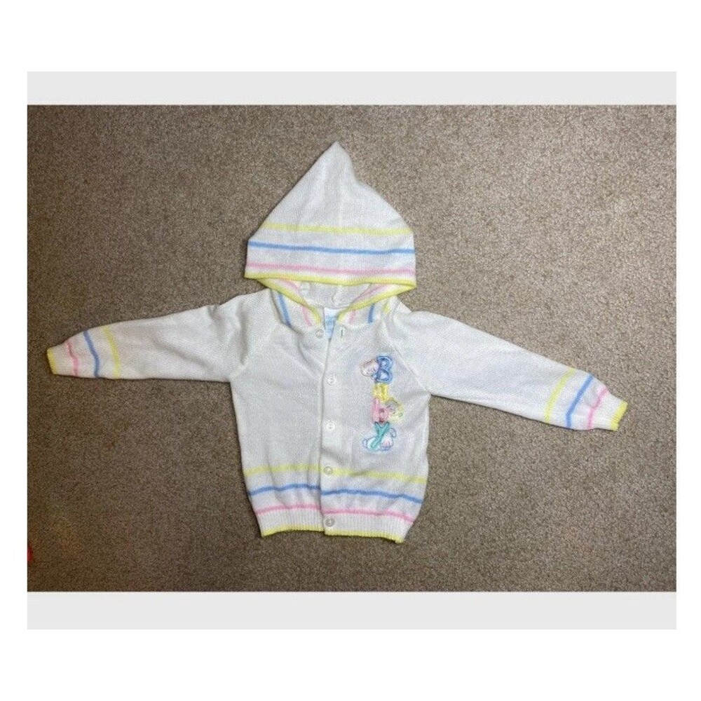 Vintage Quiltex Little Knits Hooded Baby Cardigan Sweater 6 Months White Bear